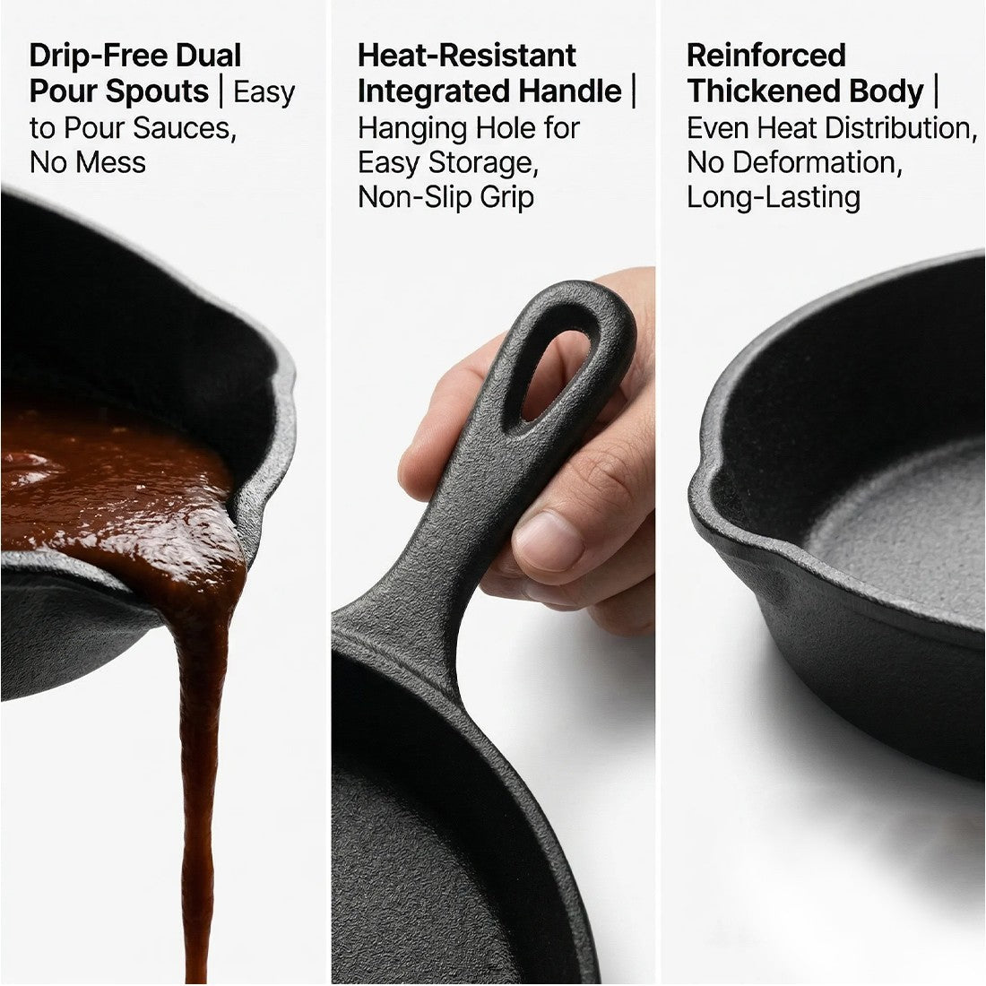 3-Piece Pre-Seasoned Cast Iron Grill Pan Set with Handle