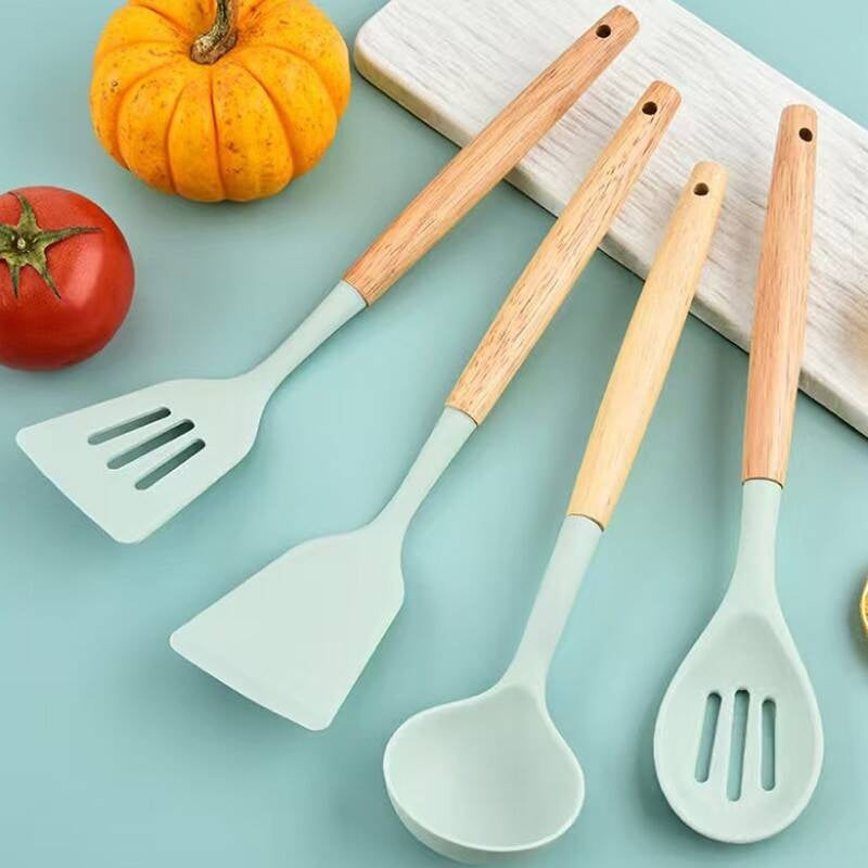 Silicone Kitchen Utensil Set with Wooden Handle - Grey
