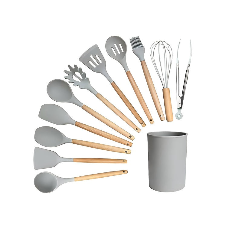 Silicone Kitchen Utensil Set with Wooden Handle - Grey