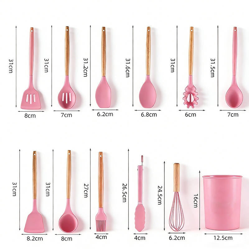 Silicone Cooking Utensil Set with Wooden Handles - Pink