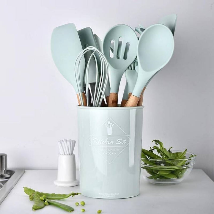 Silicone Kitchen Utensil Set with Wooden Handle - Grey