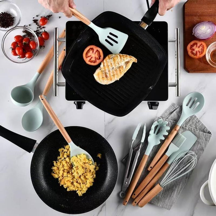 Silicone Cooking Utensil Set with Wooden Handles - Pink