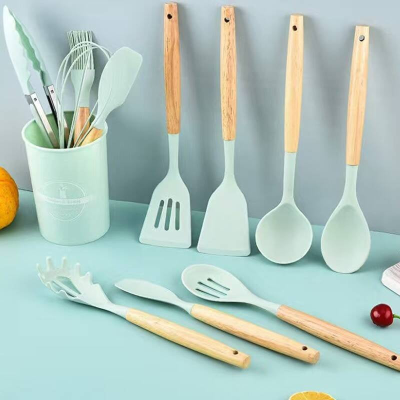 Silicone Cooking Utensil Set with Wooden Handles - Pink