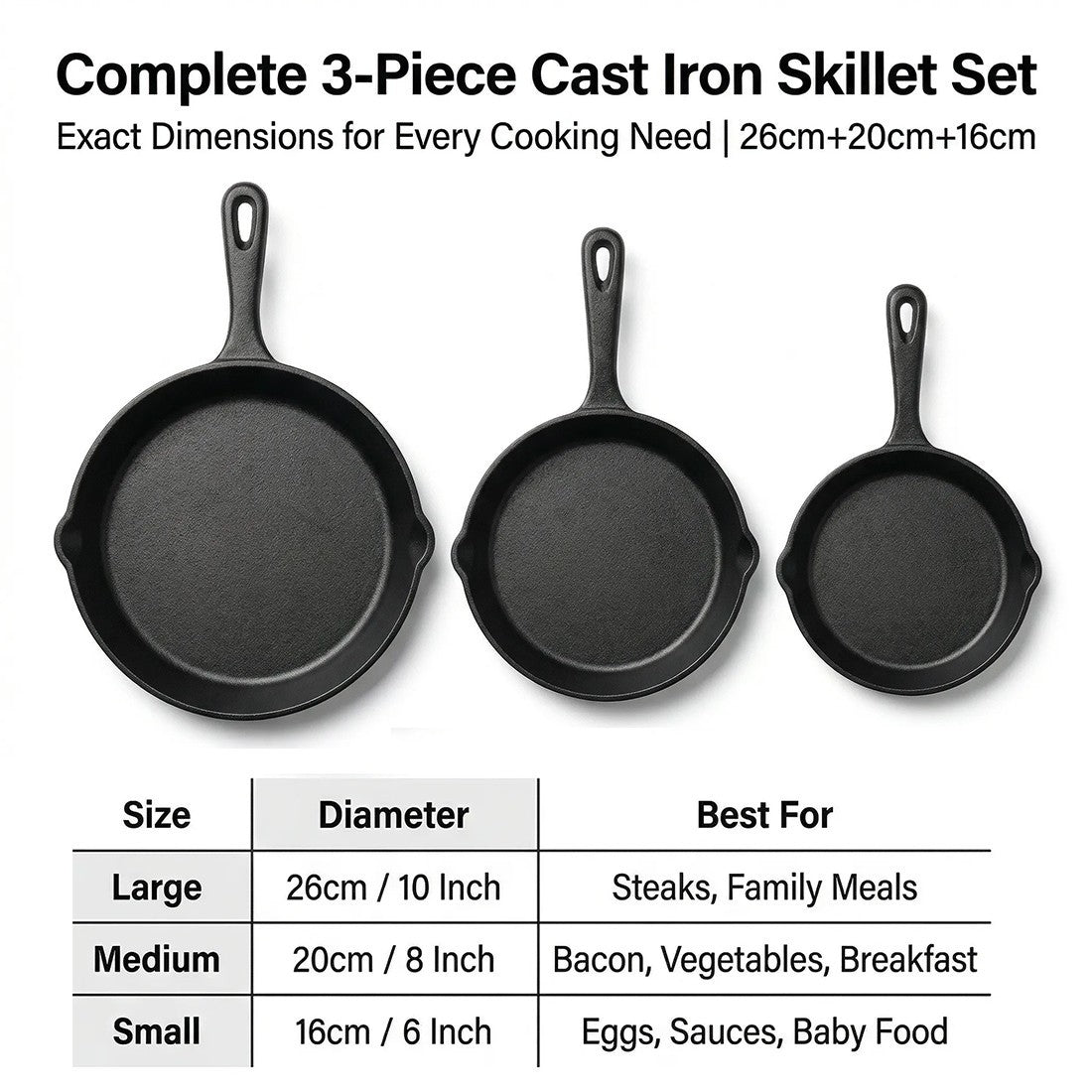 3-Piece Pre-Seasoned Cast Iron Grill Pan Set with Handle