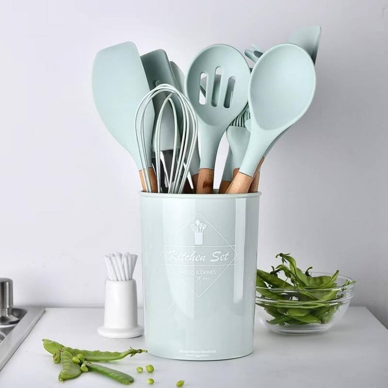 Silicone Cooking Utensil Set with Wooden Handles - Pink