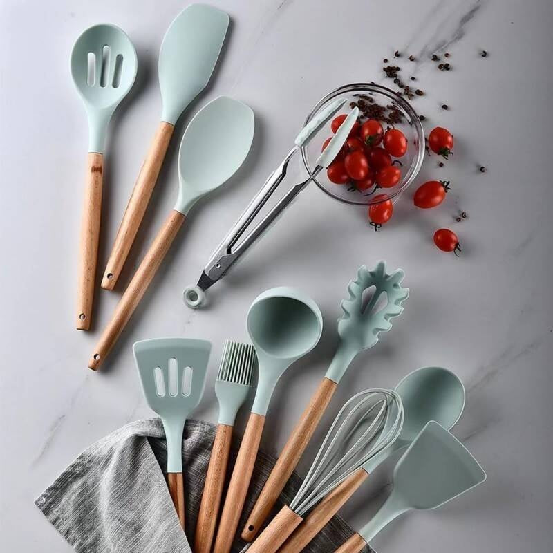 Silicone Kitchen Utensil Set with Wooden Handle - Grey