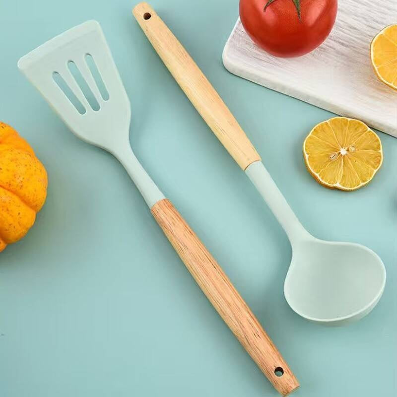 Silicone Cooking Utensil Set with Wooden Handles - Pink