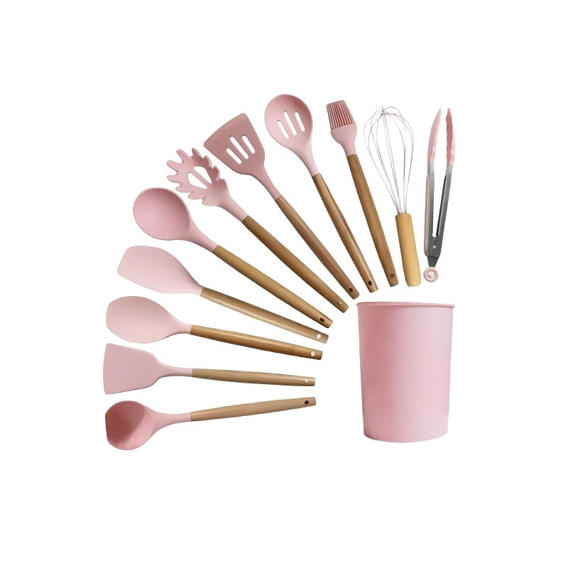 Silicone Cooking Utensil Set with Wooden Handles - Pink
