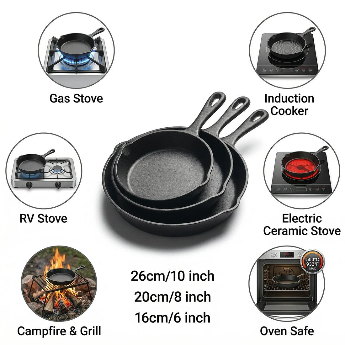 3-Piece Pre-Seasoned Cast Iron Grill Pan Set with Handle