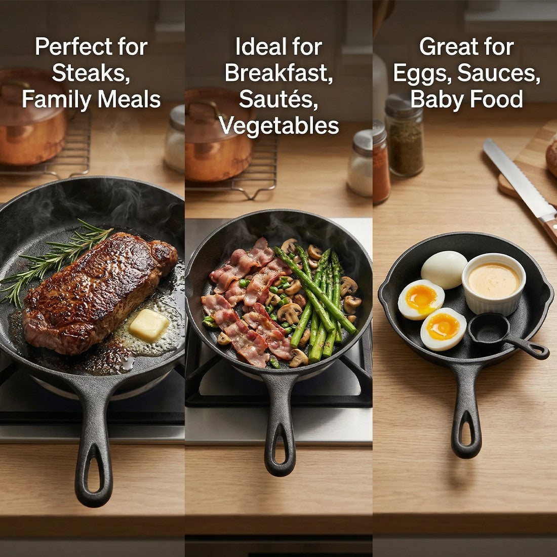 3-Piece Pre-Seasoned Cast Iron Grill Pan Set with Handle